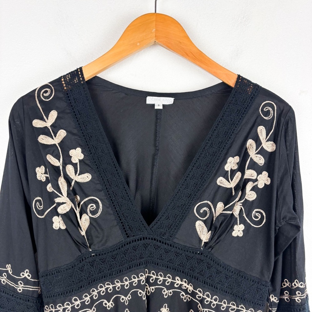 Debbie Katz Embroidered Black Flare Sleeve Mini Dress Sz S - Picture 4 of 8
